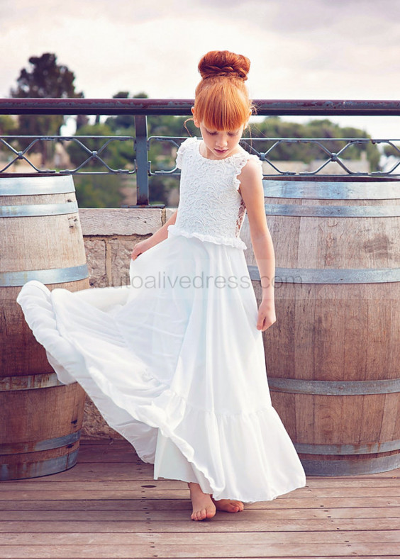 Ivory Lace Chiffon Floor Length Cutout Back Flower Girl Dress